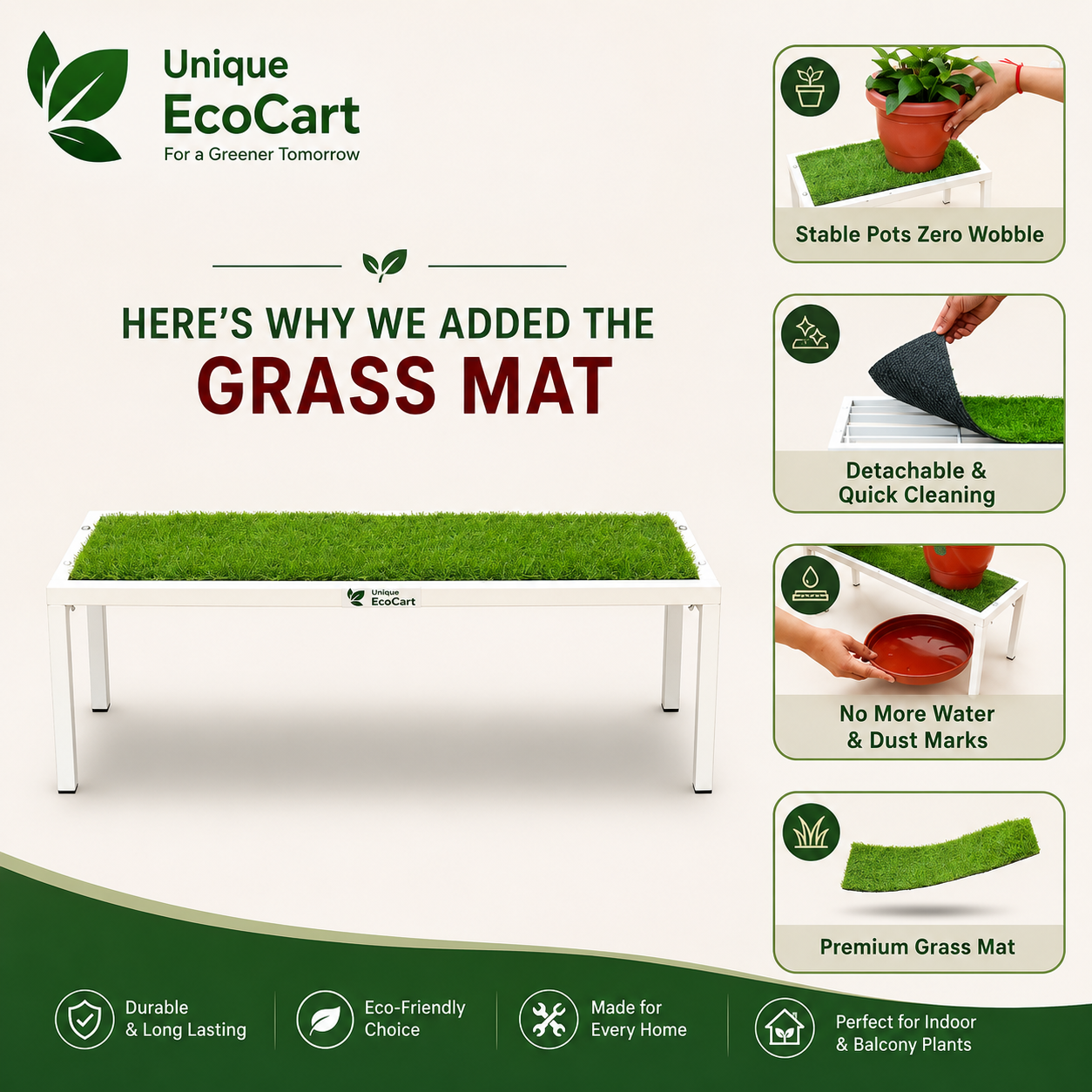 Unique EcoCart Marvel Plant Stand with Green Grass Mat (Pack of 2)| Heavy Duty Iron Pot Stand | Indoor & Outdoor Flower Pot Rack | White