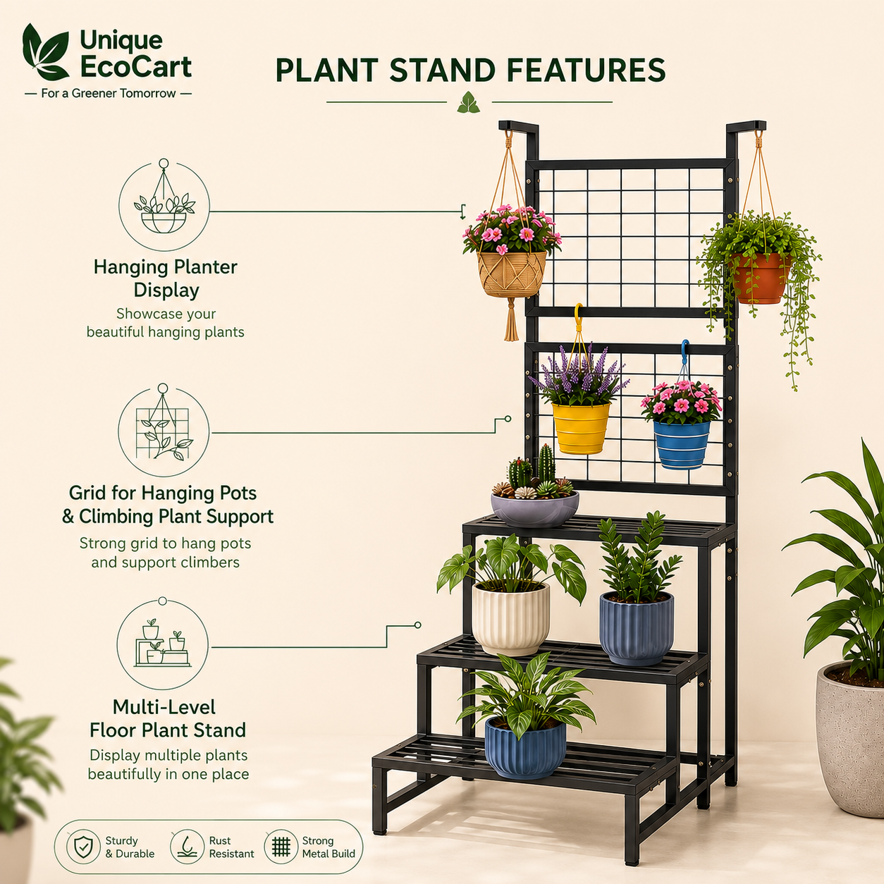 Unique EcoCart Multi-Level Metal Plant Stand | Indoor & Balcony Plant Shelf | Heavy-Duty Iron Plant Rack | Hanging Pot Stand | Rust-Resistant | Black