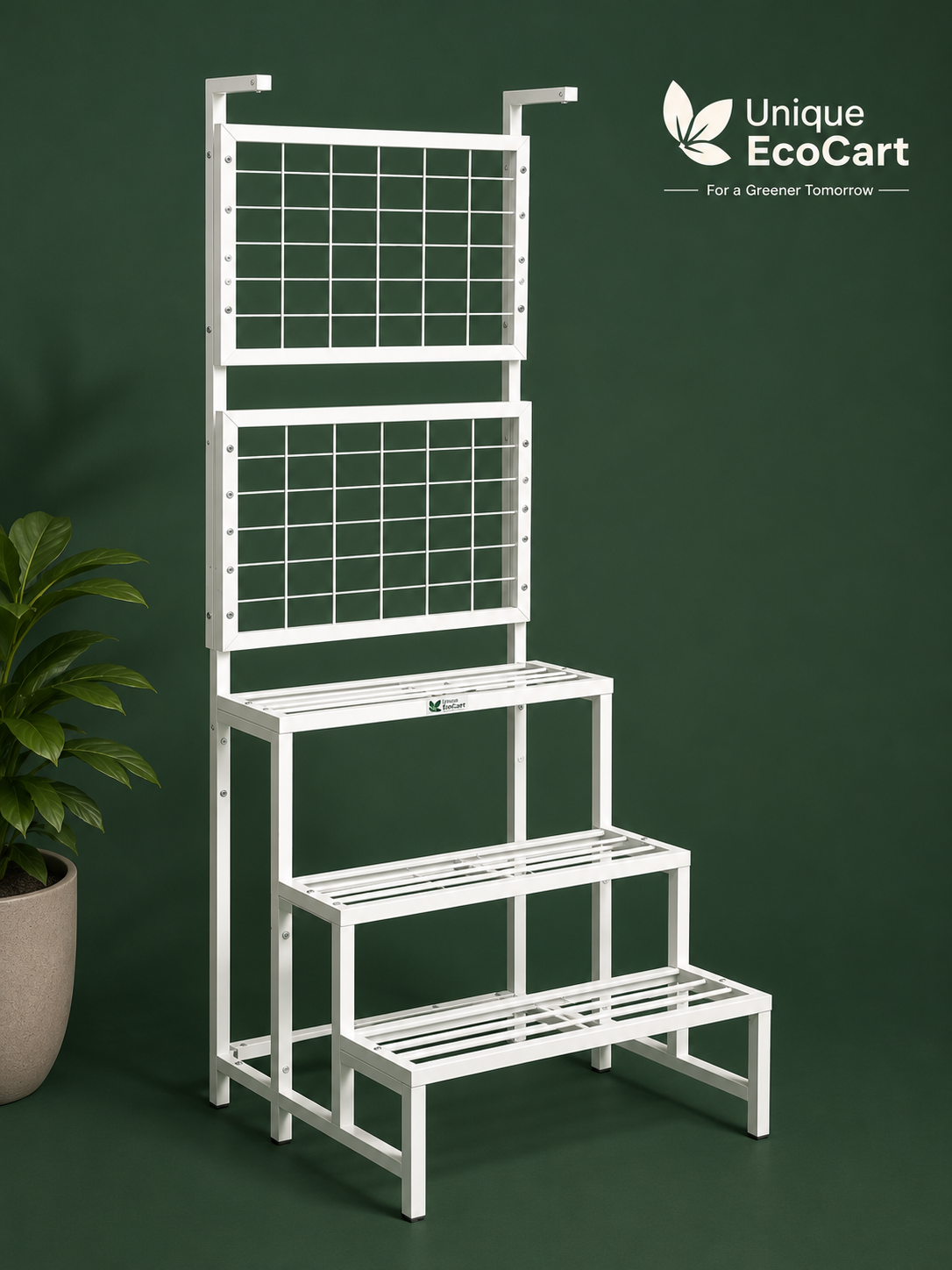 Unique EcoCart Multi-Level Metal Plant Stand | Indoor & Balcony Plant Shelf | Heavy-Duty Iron Plant Rack | Hanging Pot Stand | Rust-Resistant | White