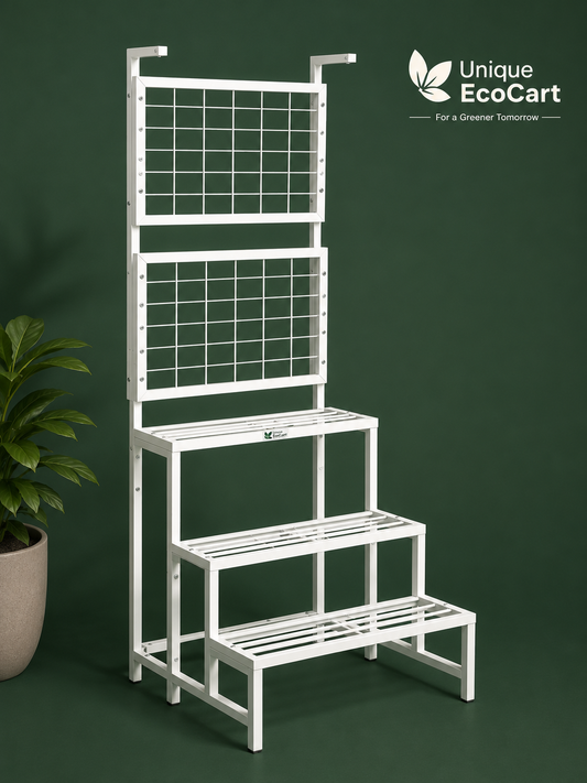 Unique EcoCart Multi-Level Metal Plant Stand | Indoor & Balcony Plant Shelf | Heavy-Duty Iron Plant Rack | Hanging Pot Stand | Rust-Resistant | White