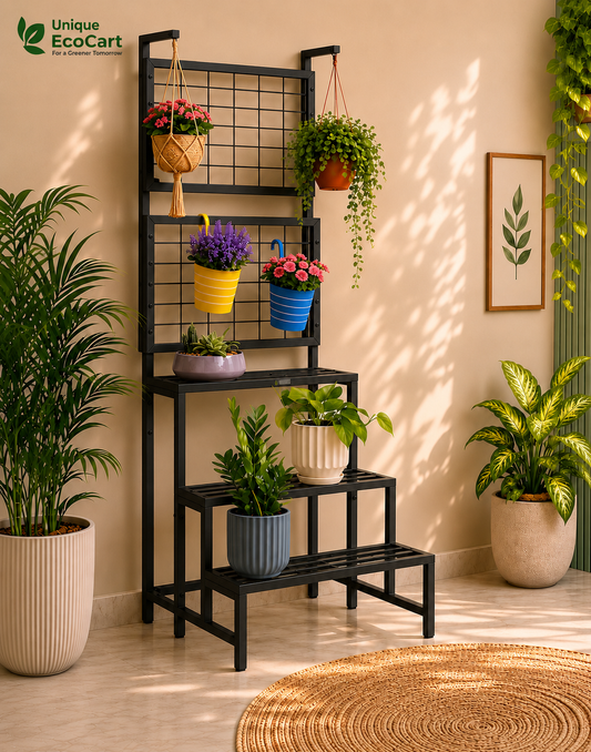 Unique EcoCart Multi-Level Metal Plant Stand | Indoor & Balcony Plant Shelf | Heavy-Duty Iron Plant Rack | Hanging Pot Stand | Rust-Resistant | Black