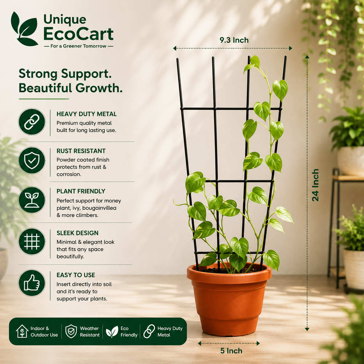 Unique EcoCart Heavy Duty Metal Plant Trellis | Rust Resistant Iron Climbing Plant Support | Indoor & Outdoor Garden Trellis | Black | Pack of 3 & Pack of 6