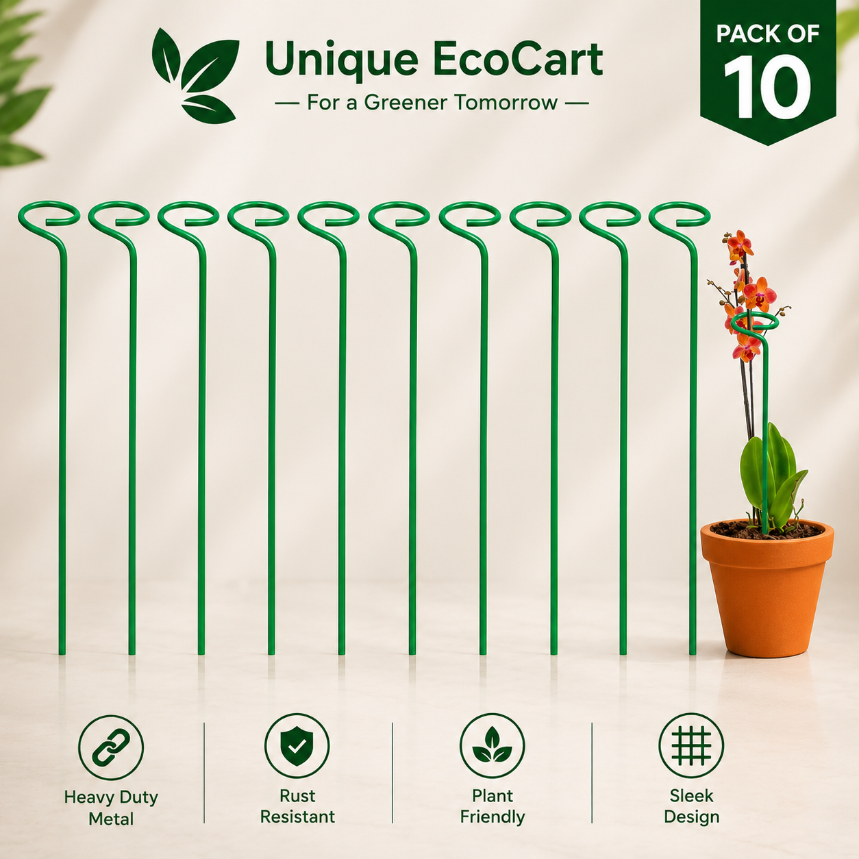 Unique EcoCart Heavy Duty Iron Plant Support Stakes | Rust Resistant Green Orchid & Plant Stem Support | Garden Plant Stakes | Pack of 5 & Pack of 10