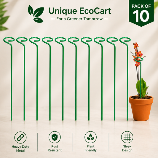 Unique EcoCart Heavy Duty Iron Plant Support Stakes | Rust Resistant Green Orchid & Plant Stem Support | Garden Plant Stakes | Pack of 5 & Pack of 10