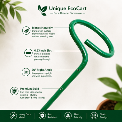 Unique EcoCart Heavy Duty Iron Plant Support Stakes | Rust Resistant Green Orchid & Plant Stem Support | Garden Plant Stakes | Pack of 5 & Pack of 10