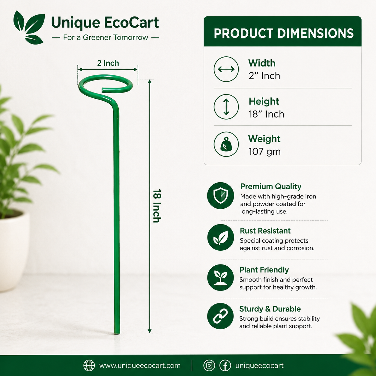 Unique EcoCart Heavy Duty Iron Plant Support Stakes | Rust Resistant Green Orchid & Plant Stem Support | Garden Plant Stakes | Pack of 5 & Pack of 10