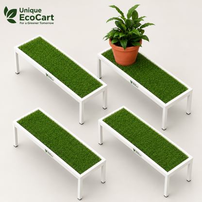 Unique EcoCart Marvel Plant Stand with Green Grass Mat (Pack of 4)| Heavy Duty Iron Pot Stand | Indoor & Outdoor Flower Pot Rack | White