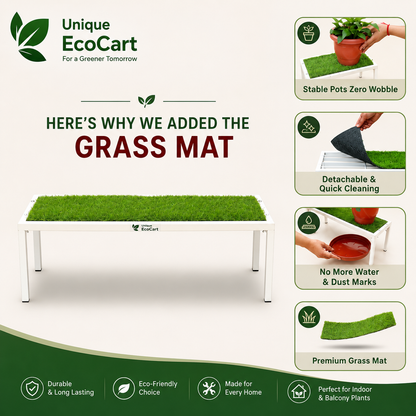 Unique EcoCart Marvel Plant Stand with Green Grass Mat (Pack of 2)| Heavy Duty Iron Pot Stand | Indoor & Outdoor Flower Pot Rack | White