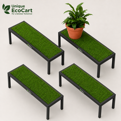 Unique EcoCart Marvel Plant Stand with Green Grass Mat (Pack of 4)| Heavy Duty Iron Pot Stand | Indoor & Outdoor Flower Pot Rack | Black