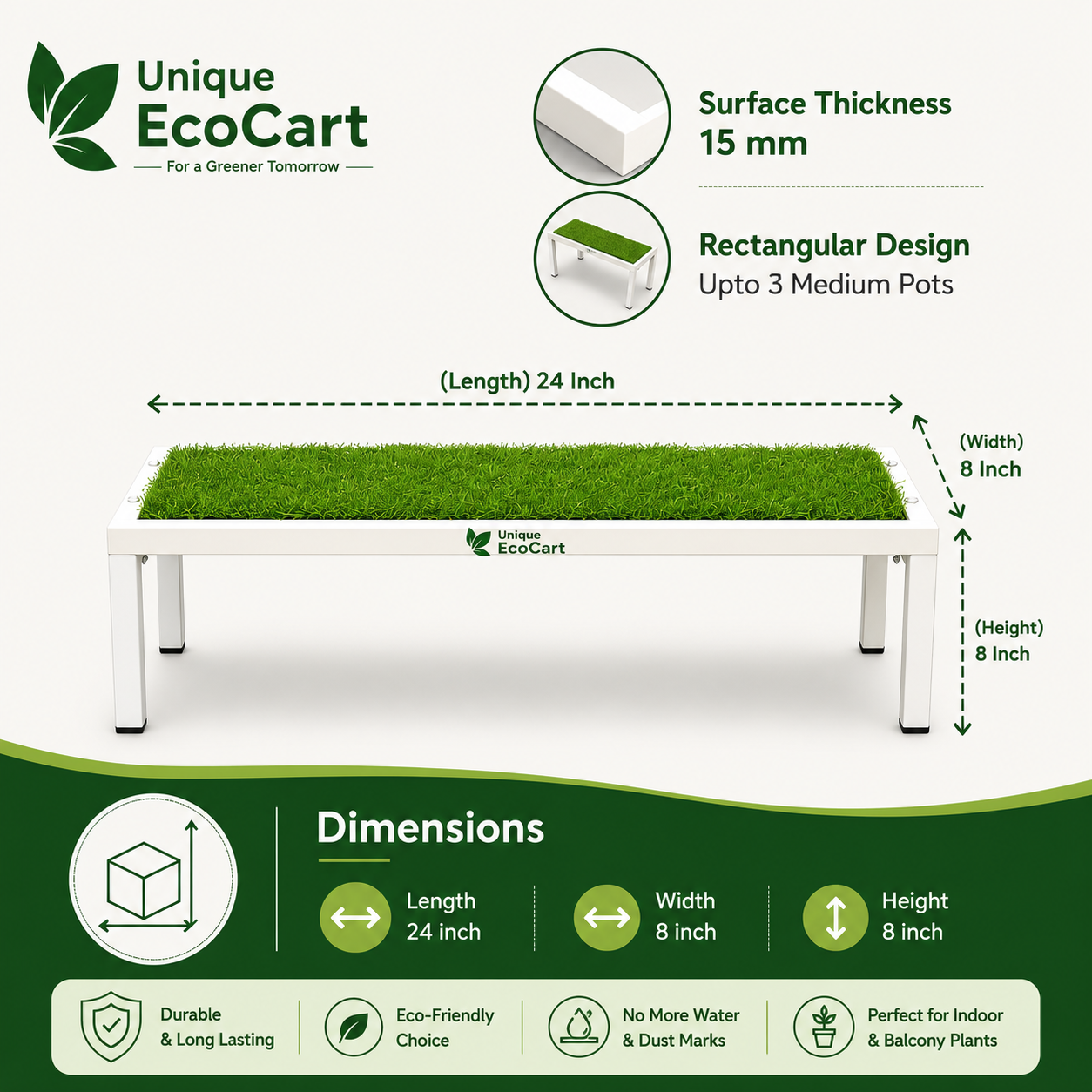 Unique EcoCart Marvel Plant Stand with Green Grass Mat (Pack of 2)| Heavy Duty Iron Pot Stand | Indoor & Outdoor Flower Pot Rack | White