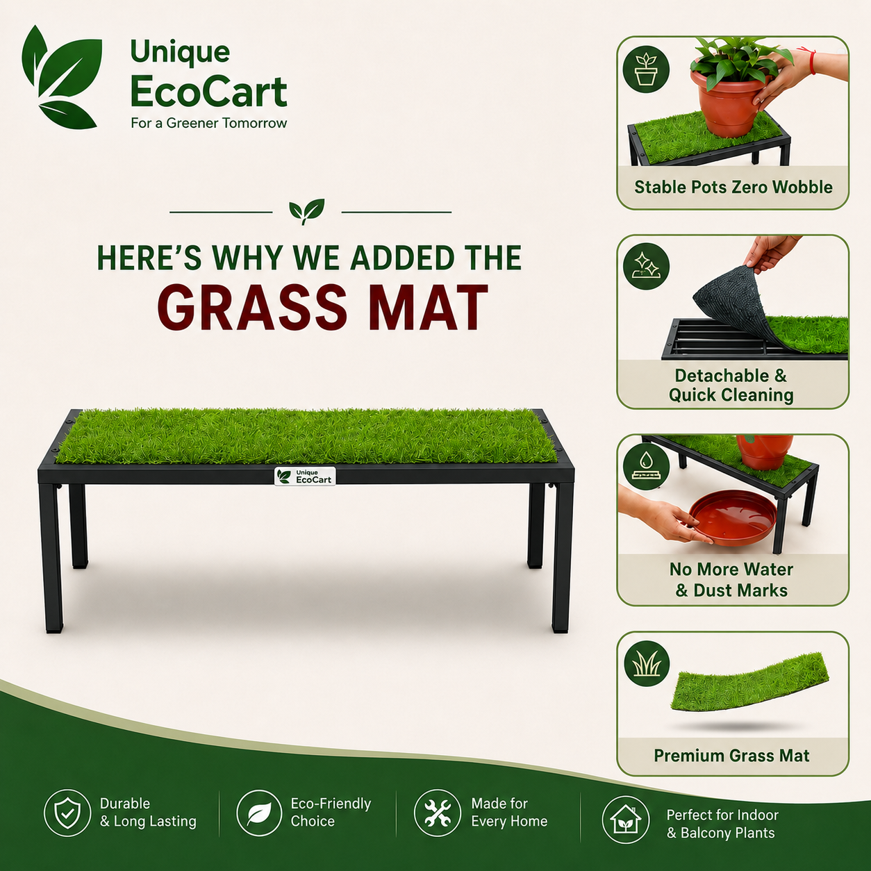 Unique EcoCart Marvel Plant Stand with Green Grass Mat (Pack of 4)| Heavy Duty Iron Pot Stand | Indoor & Outdoor Flower Pot Rack | Black
