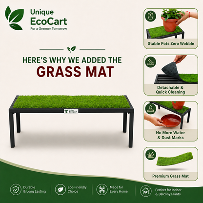 Unique EcoCart Marvel Plant Stand with Green Grass Mat (Pack of 4)| Heavy Duty Iron Pot Stand | Indoor & Outdoor Flower Pot Rack | Black