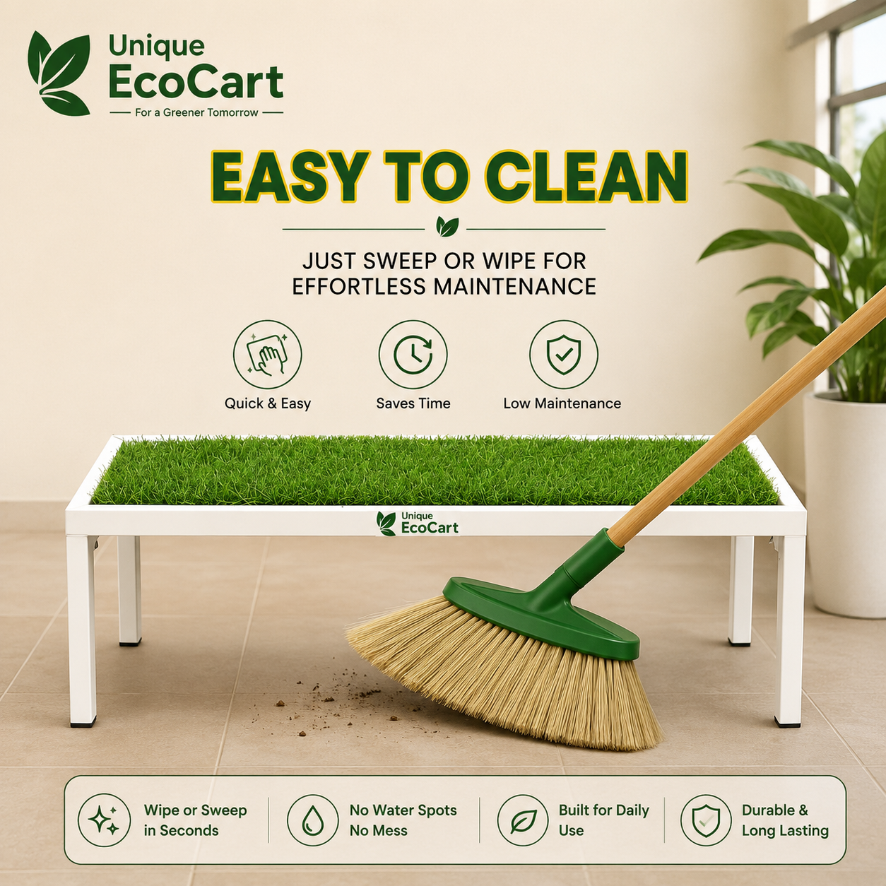 Unique EcoCart Marvel Plant Stand with Green Grass Mat (Pack of 2)| Heavy Duty Iron Pot Stand | Indoor & Outdoor Flower Pot Rack | White