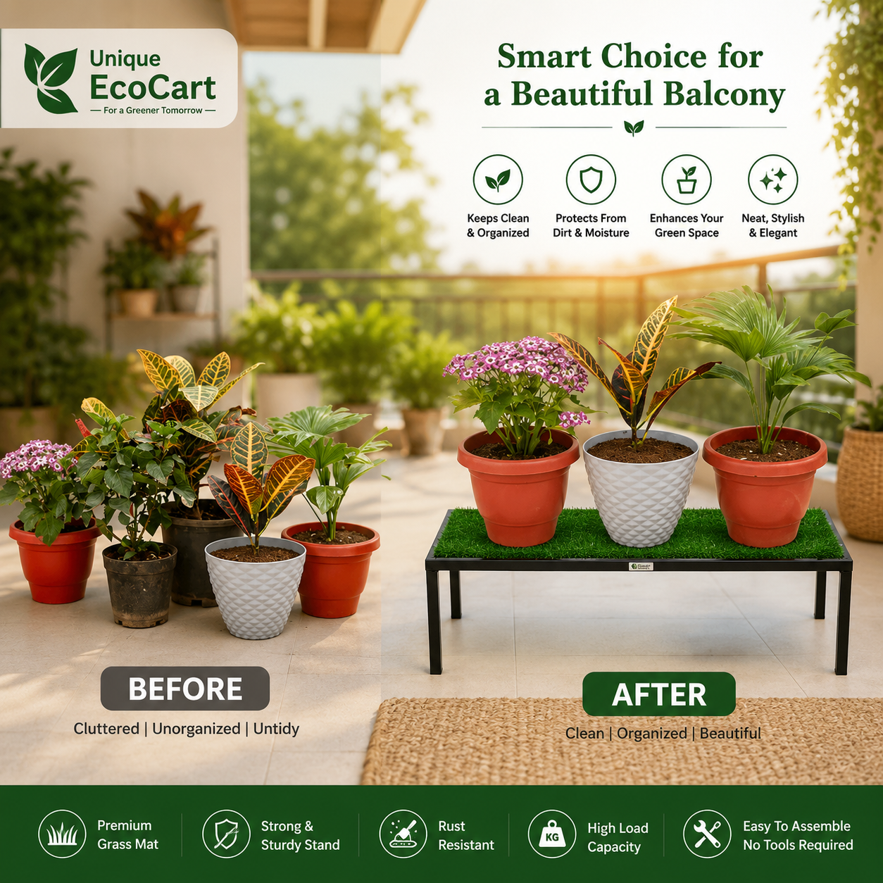 Unique EcoCart Marvel Plant Stand with Green Grass Mat (Pack of 4)| Heavy Duty Iron Pot Stand | Indoor & Outdoor Flower Pot Rack | Black