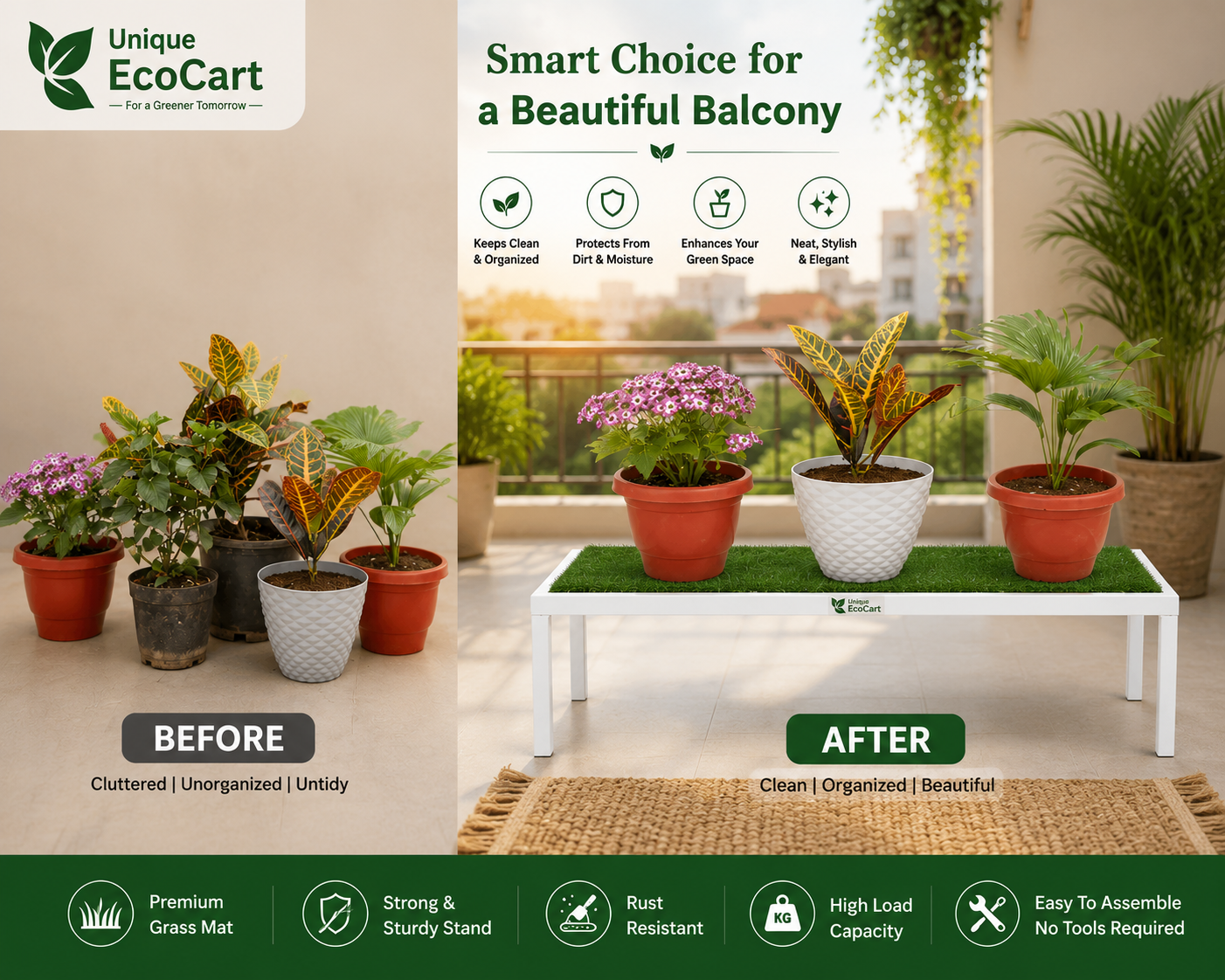 Unique EcoCart Marvel Plant Stand with Green Grass Mat (Pack of 2)| Heavy Duty Iron Pot Stand | Indoor & Outdoor Flower Pot Rack | White