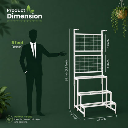 Unique EcoCart Multi-Level Metal Plant Stand | Indoor & Balcony Plant Shelf | Heavy-Duty Iron Plant Rack | Hanging Pot Stand | Rust-Resistant | White