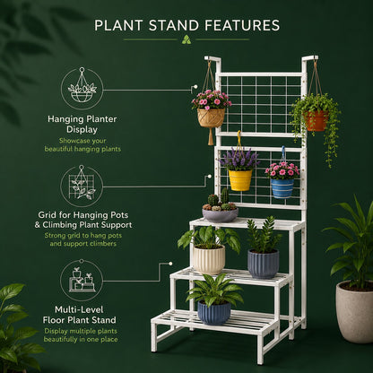 Unique EcoCart Multi-Level Metal Plant Stand | Indoor & Balcony Plant Shelf | Heavy-Duty Iron Plant Rack | Hanging Pot Stand | Rust-Resistant | White