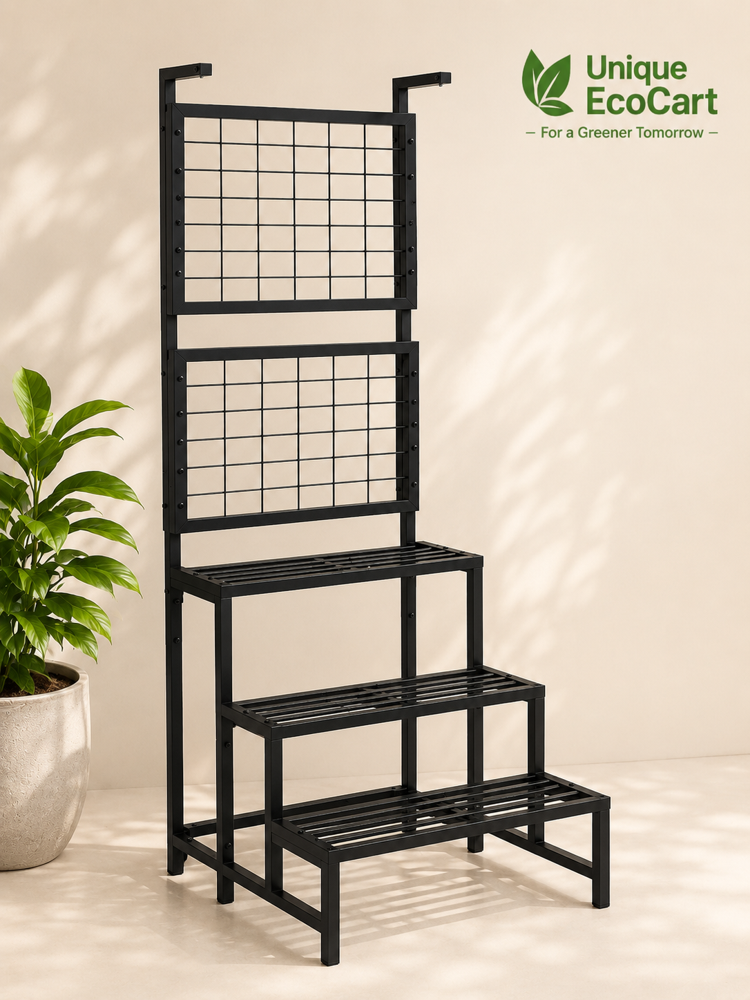 Unique EcoCart Multi-Level Metal Plant Stand | Indoor & Balcony Plant Shelf | Heavy-Duty Iron Plant Rack | Hanging Pot Stand | Rust-Resistant | Black