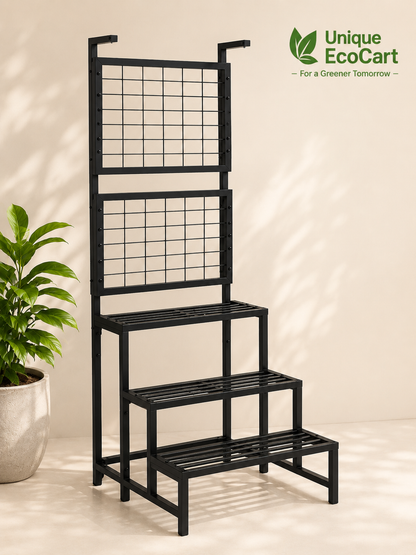 Unique EcoCart Multi-Level Metal Plant Stand | Indoor & Balcony Plant Shelf | Heavy-Duty Iron Plant Rack | Hanging Pot Stand | Rust-Resistant | Black