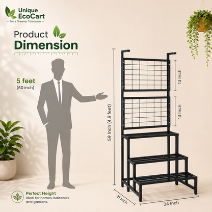 Unique EcoCart Multi-Level Metal Plant Stand | Indoor & Balcony Plant Shelf | Heavy-Duty Iron Plant Rack | Hanging Pot Stand | Rust-Resistant | Black