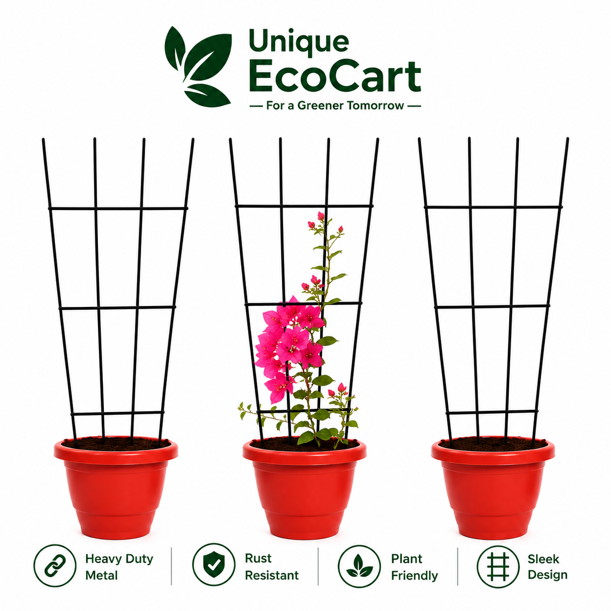 Unique EcoCart Heavy Duty Metal Plant Trellis | Rust Resistant Iron Climbing Plant Support | Indoor & Outdoor Garden Trellis | Black | Pack of 3 & Pack of 6