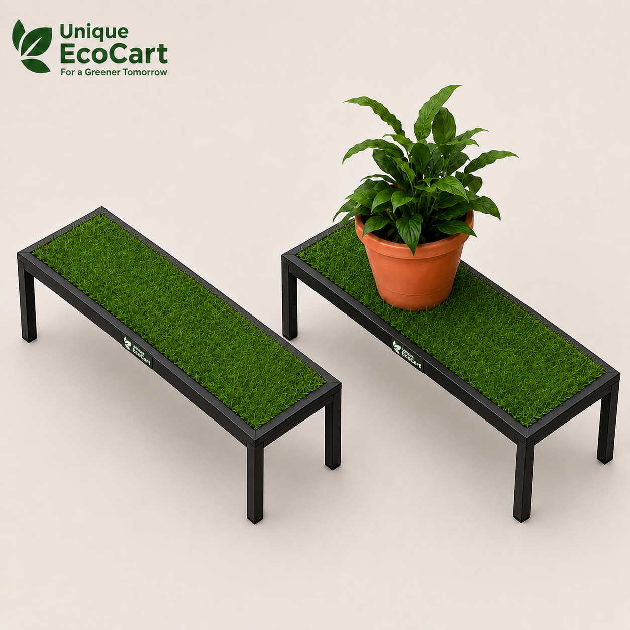 Unique EcoCart Marvel Plant Stand with Green Grass Mat (Pack of 2)| Heavy Duty Iron Pot Stand | Indoor & Outdoor Flower Pot Rack | Black