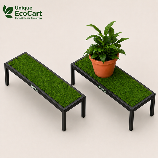 Unique EcoCart Marvel Plant Stand with Green Grass Mat (Pack of 2)| Heavy Duty Iron Pot Stand | Indoor & Outdoor Flower Pot Rack | Black